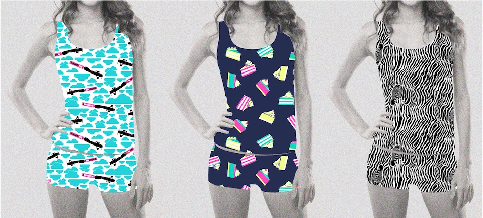 Delta Galil allover prints: on models - airplane in clouds; cake slices; zebras in zebra print