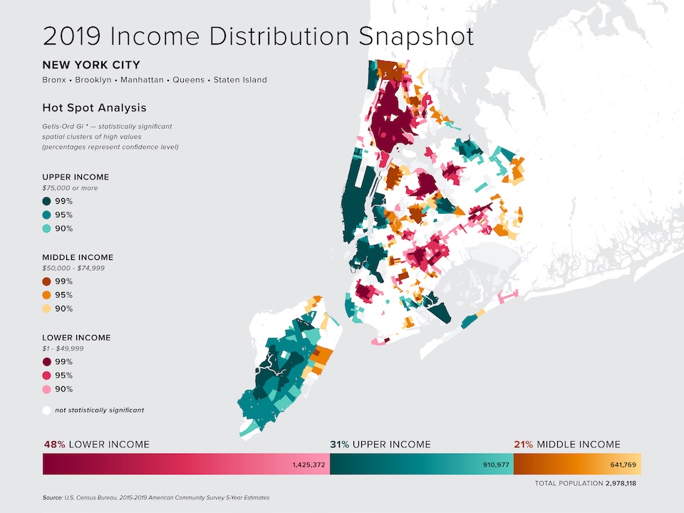 New York City map snapshot of 2019 income distribution