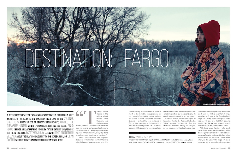 Filmmaker Magazine opening spread: Winter 2015 - Kumiko The Treasure Hunter