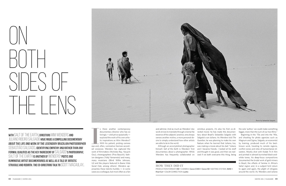 Filmmaker Magazine opening spread: Fall 2015 - Salt of the Earth