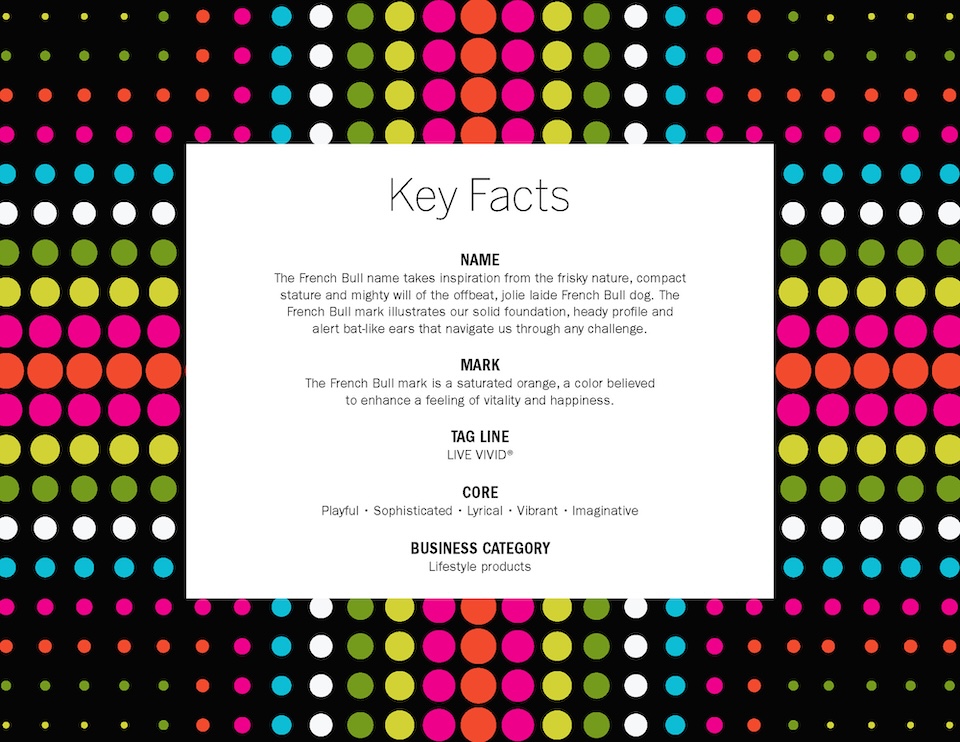 French Bull brand book interior spread: key facts