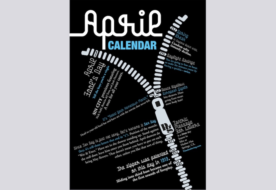 Playgirl Magazine April calendar; infographic, zipper
